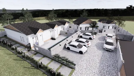 Aerial render of a row of single-storey houses with a shared car park