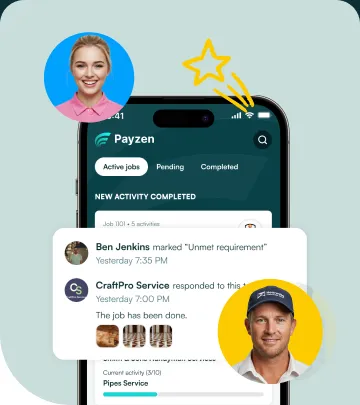 Job activity in the Payzen app, with contractor and customer avatars