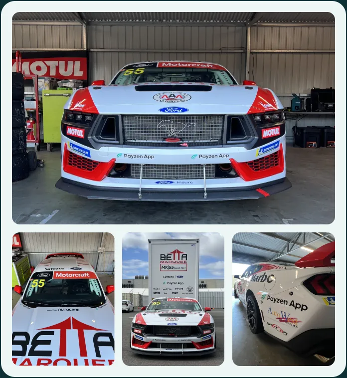 The Payzen-sponsored Ford Mustang Cup race car in the garage and on the track