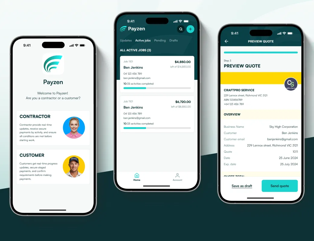 Three Payzen screens: choosing contractor or customer, active jobs, and a quote preview