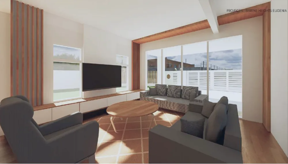 Living room render with timber slat feature walls, a round coffee table and large sliding windows
