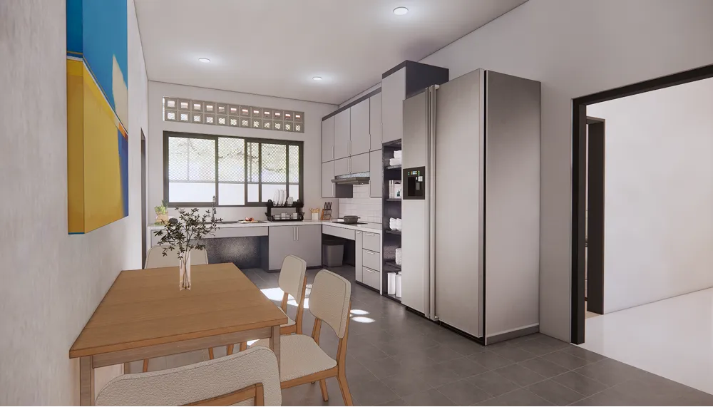 Kitchen render with grey cabinets, a tall pantry unit and a dining table