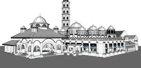 3D model of a mosque with domes and a minaret