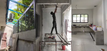 Renovation in progress: a new balcony railing, ceiling works and a stripped kitchen