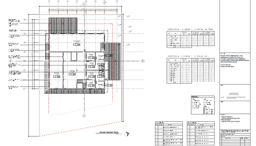 First-floor plan submission drawing with schedules and a title block